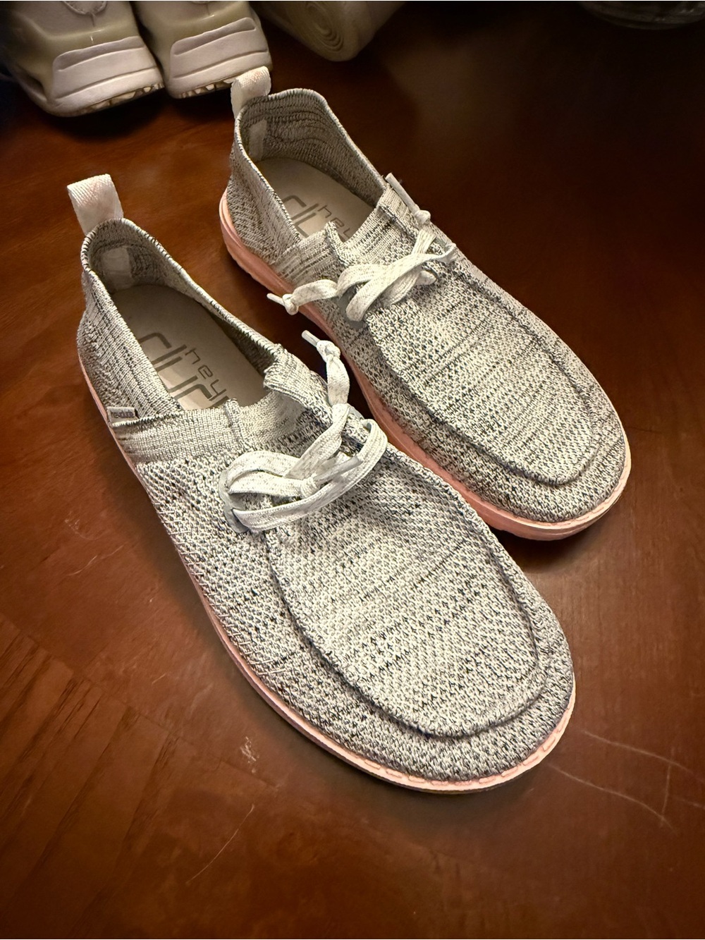 Women’s Hey Dude Knit Slip-On Slippers in Light Gray with Pink Sole